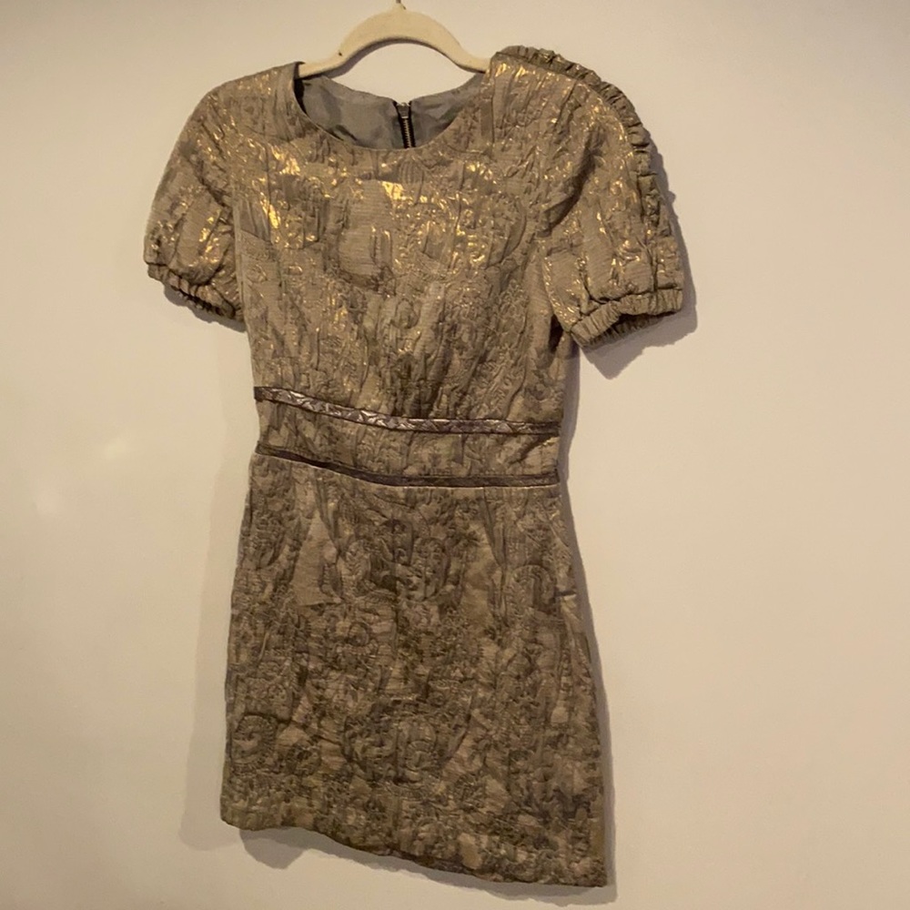 Beautiful Grey Gray Gold  Metallic damask MINI dress Cynthia Rowley sz2